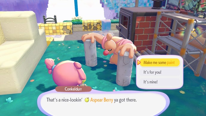 ローブシンがきのみをペイントに加工している様子